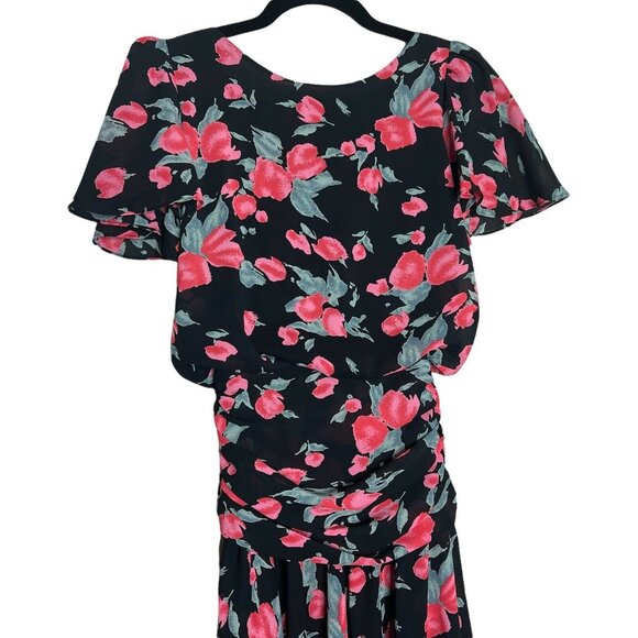 Vintage 90s All That Jazz Floral Dress XS/S Flutter Sleeve Blouson Midi Boho - Picture 2 of 9